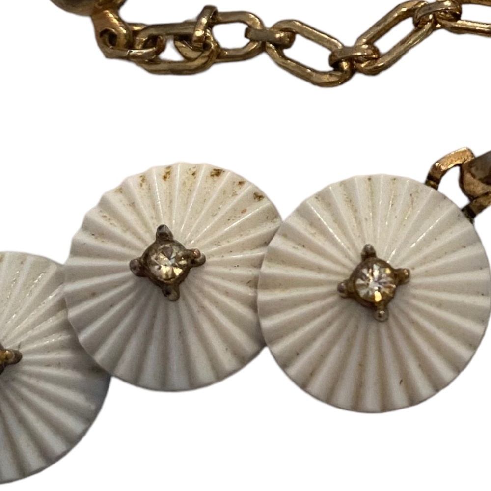 Crown Trifari white disks necklace Milk Glass Rhinestone Necklace Pom Pom Design - Picture 7 of 9